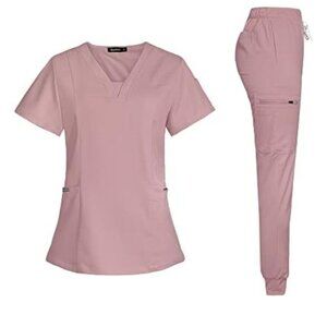Niaahinn Women's Scrub Set Modern V-neck Top & Tapered Jogger Pants Pink Sz. M